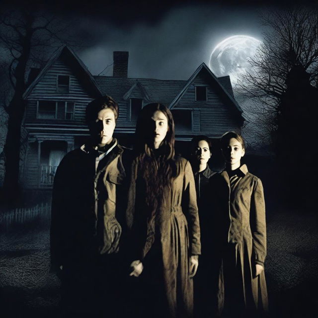 A horror movie poster featuring four adults in the middle, all looking directly at the camera with expressions of fear and tension