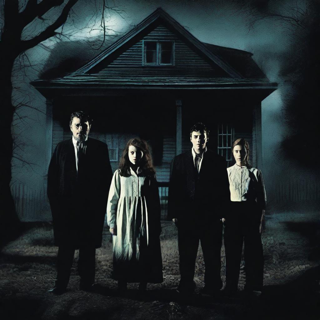 A horror movie poster featuring four adults in the middle, all looking directly at the camera