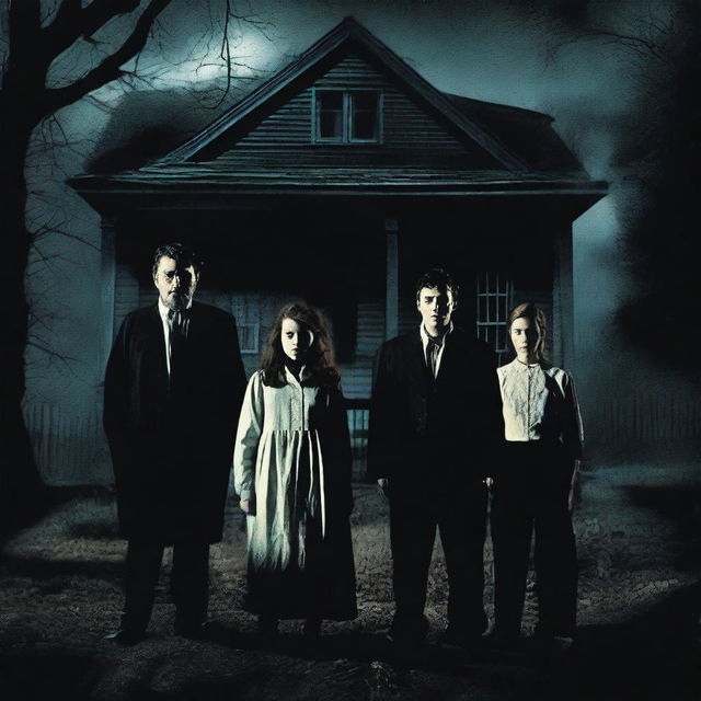 A horror movie poster featuring four adults in the middle, all looking directly at the camera