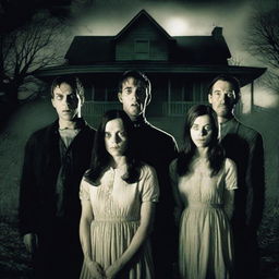 A horror movie poster featuring four adults in the middle, all looking directly at the camera