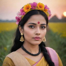 A hyper-realistic image of a beautiful woman with brown eyes and black hair adorned with a flower hair band, sporting a bindi and pink lips, dressed in a traditional Bengali cultural dress standing in a mustard field with a moody sunset creating a depth of field in the background.