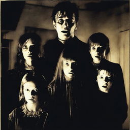 A horror movie poster featuring four adults in the middle, all looking directly at the camera