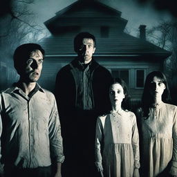 A horror movie poster featuring four adults in the middle, all looking directly at the camera