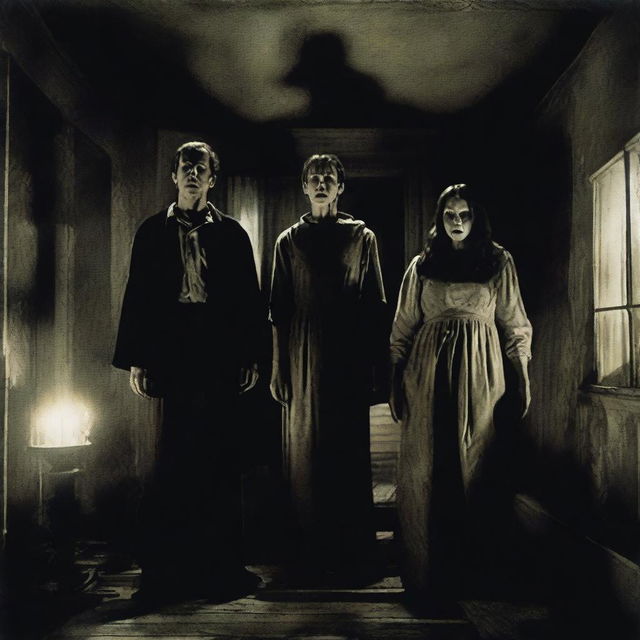 A horror movie poster featuring four adults in the middle, all looking directly at the camera