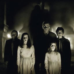 A horror movie poster featuring four adults in the middle, all looking directly at the camera