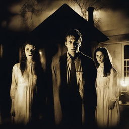 A horror movie poster featuring four adults in the middle, all looking directly at the camera