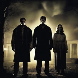 A horror movie poster featuring four adults in the middle, all looking directly at the camera