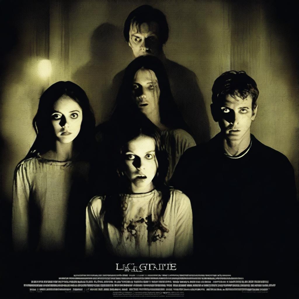 A horror movie poster featuring four adults in the middle, all looking directly at the camera