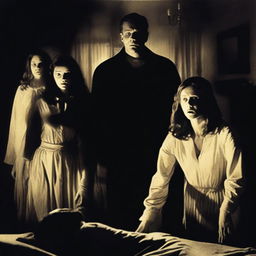 A horror movie poster featuring four adults in the middle, all looking directly at the camera