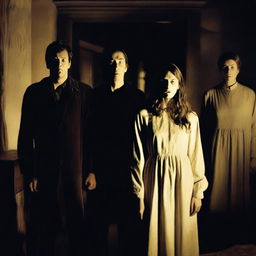 A horror movie poster featuring four adults in the middle, all looking directly at the camera