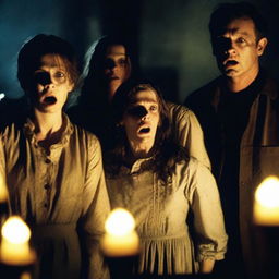 A horror movie poster featuring four adults in the middle, all looking directly at the camera