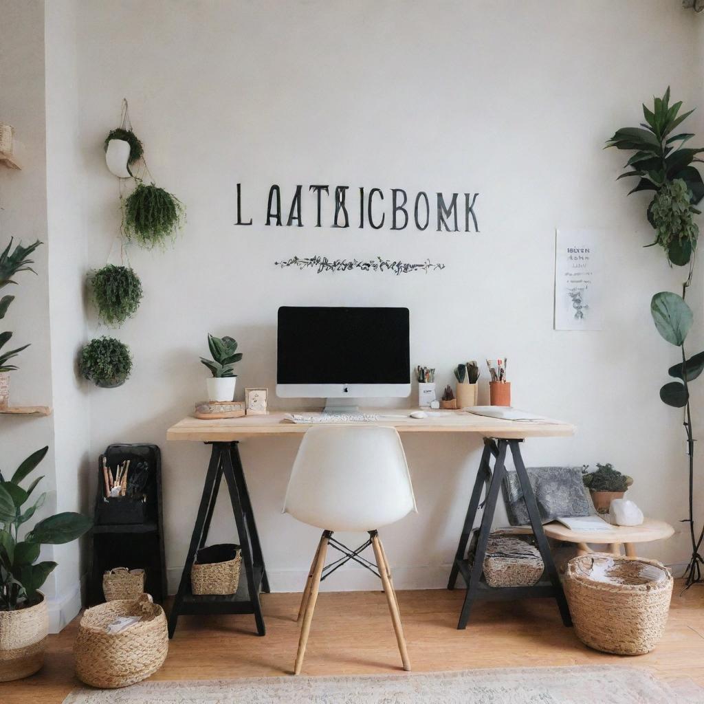 A stylishly decorated content creator's studio, featuring 'Lastborn' written artistically on the wall in an elegant font