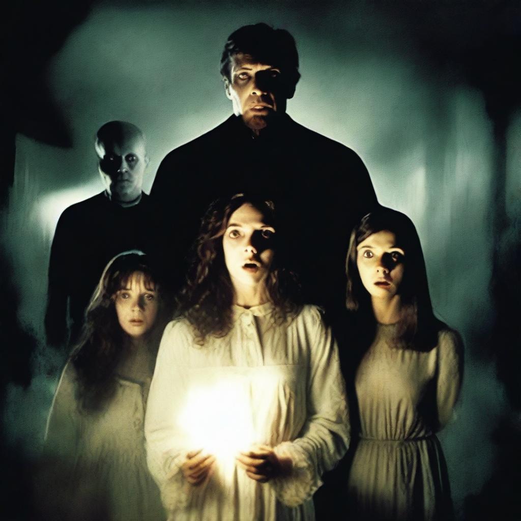 A horror movie poster featuring four adults in the middle, all looking directly at the camera