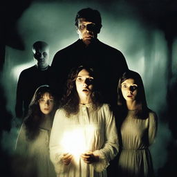 A horror movie poster featuring four adults in the middle, all looking directly at the camera