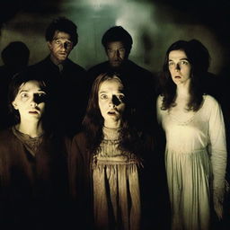 A horror movie poster featuring four adults in the middle, all looking directly at the camera