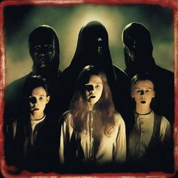 A horror movie poster featuring four adults in the middle, all looking directly at the camera