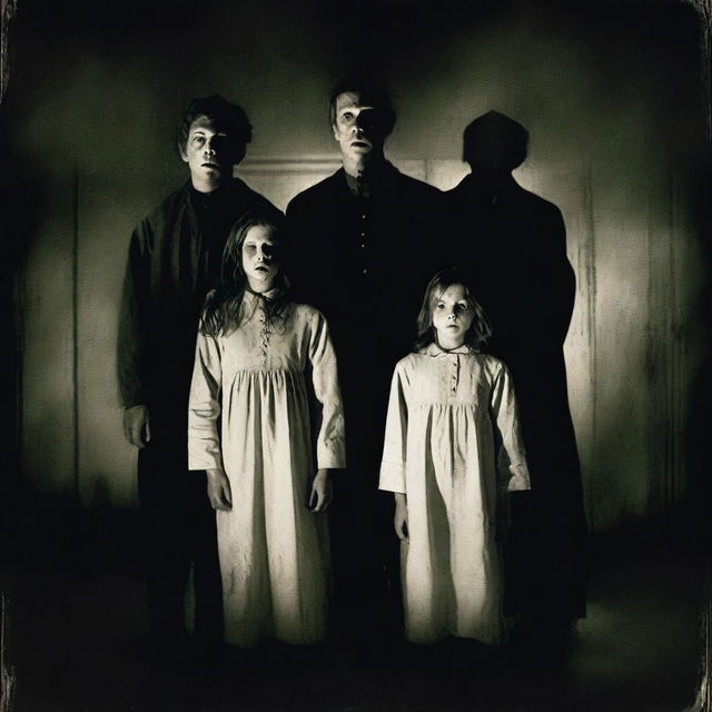 A horror movie poster featuring four adults in the middle, all looking directly at the camera