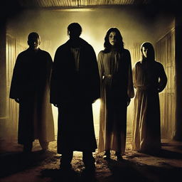 A horror movie poster featuring four adults in the middle, all looking directly at the camera