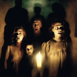 A horror movie poster featuring four adults in the middle, all looking directly at the camera