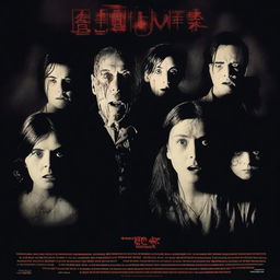 A horror movie poster featuring four adults in the middle, all looking directly at the camera