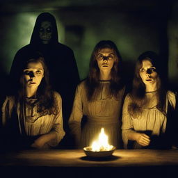 A horror movie poster featuring four adults in the middle, all looking directly at the camera