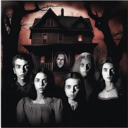 A horror movie poster featuring four adults in the middle, all looking directly at the camera with expressions of fear