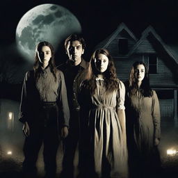 A horror movie poster featuring four adults in the middle, all looking directly at the camera with expressions of fear