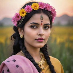 A hyper-realistic image of a beautiful woman with brown eyes and black hair adorned with a flower hair band, sporting a bindi and pink lips, dressed in a traditional Bengali cultural dress standing in a mustard field with a moody sunset creating a depth of field in the background.