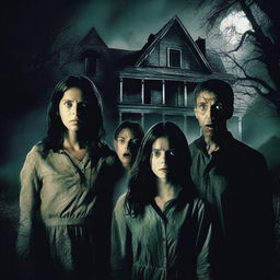 A horror movie poster featuring four adults in the middle, all looking directly at the camera with expressions of fear