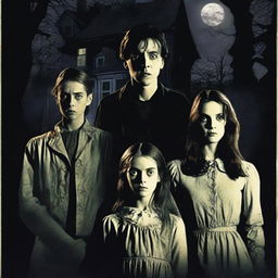 A horror movie poster featuring four adults in the middle, all looking directly at the camera with expressions of fear