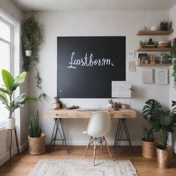 A stylishly decorated content creator's studio, featuring 'Lastborn' written artistically on the wall in an elegant font