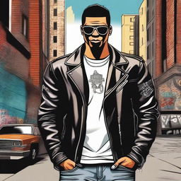 A depiction of a 'bad boy' character with a rebellious attitude, wearing a leather jacket, sunglasses, and a confident smirk