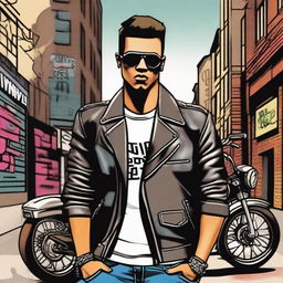 A depiction of a 'bad boy' character with a rebellious attitude, wearing a leather jacket, sunglasses, and a confident smirk