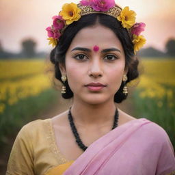 A hyper-realistic image of a beautiful woman with brown eyes and black hair adorned with a flower hair band, sporting a bindi and pink lips, dressed in a traditional Bengali cultural dress standing in a mustard field with a moody sunset creating a depth of field in the background.