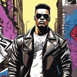 A depiction of a 'bad boy' character with a rebellious attitude, wearing a leather jacket, sunglasses, and a confident smirk