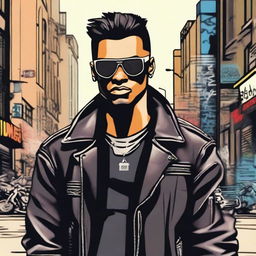 A depiction of a 'bad boy' character with a rebellious attitude, wearing a leather jacket, sunglasses, and a confident smirk