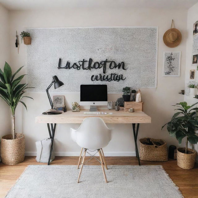 A stylishly decorated content creator's studio, featuring 'Lastborn' written artistically on the wall in an elegant font