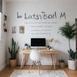 A stylishly decorated content creator's studio, featuring 'Lastborn' written artistically on the wall in an elegant font