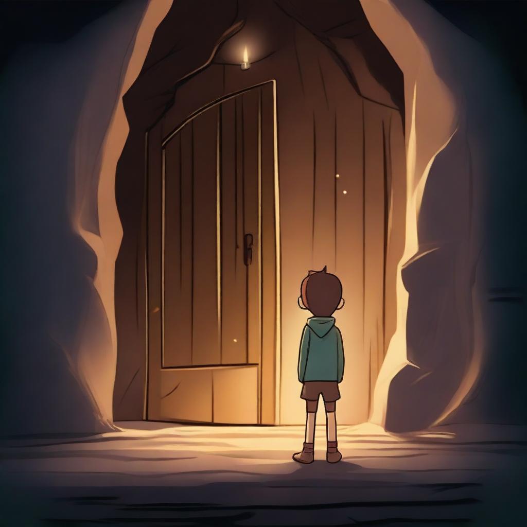 A young boy stands in a dark cave, in front of him a wooden door