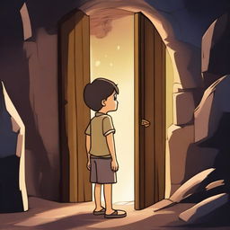 A young boy stands in a dark cave, in front of him a wooden door