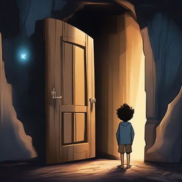 A young boy stands in a dark cave, in front of him a wooden door