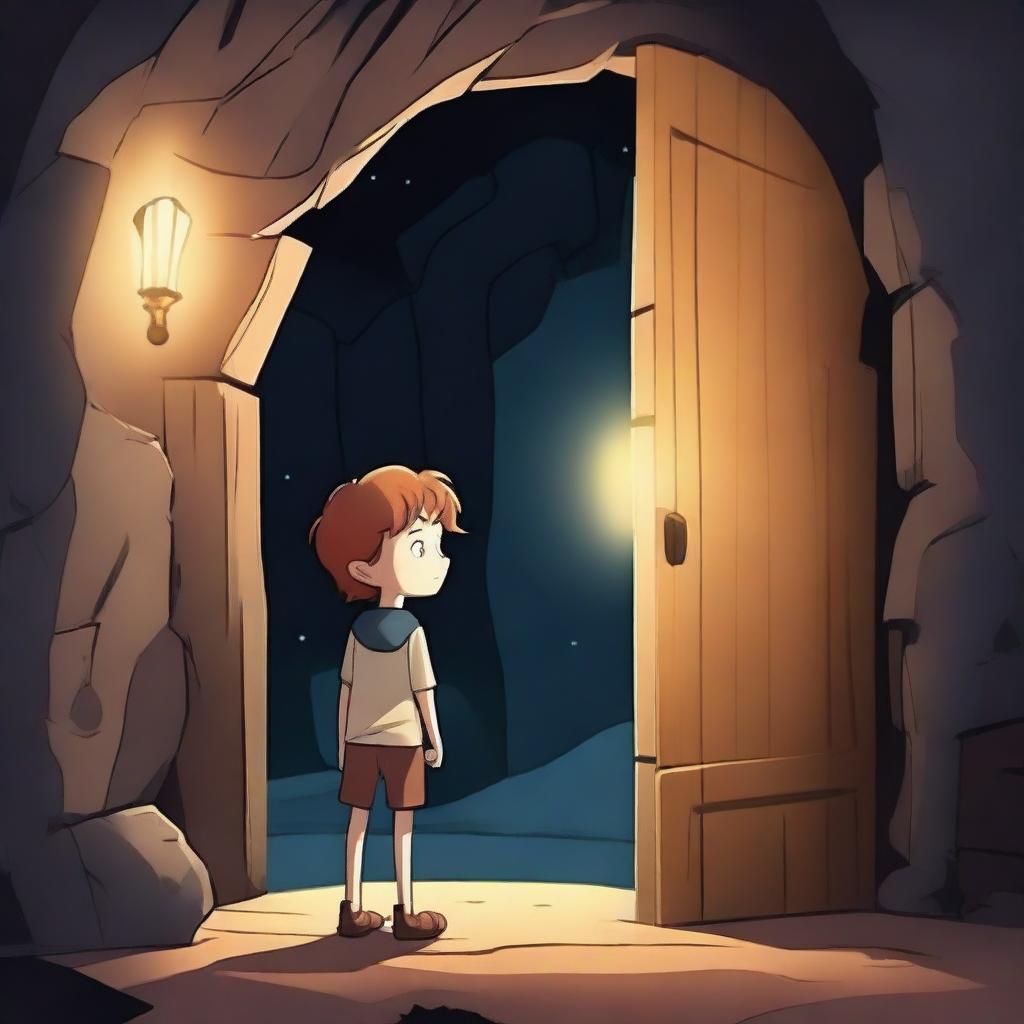 A young boy stands in a dark cave, in front of him a wooden door