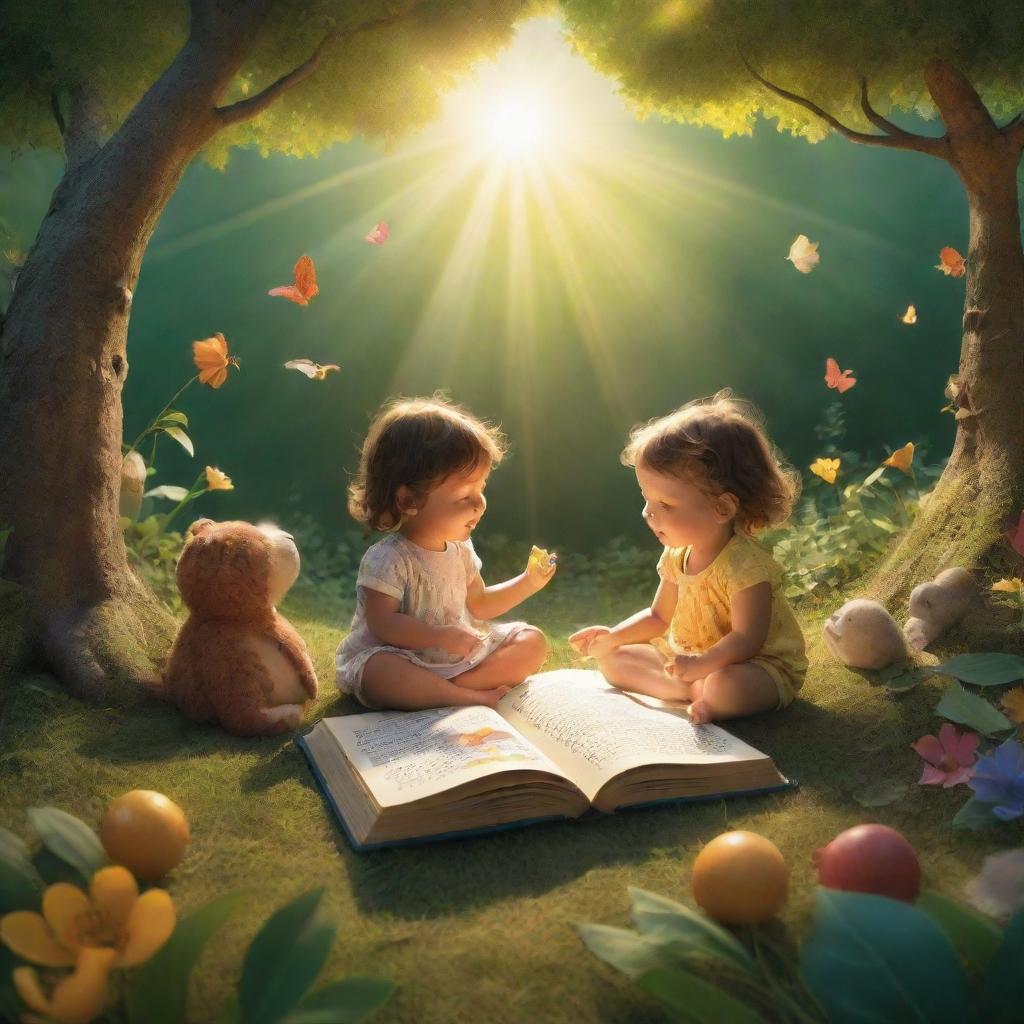 A vivid scene from 'BrightBabyTales' under the glowing sunshine. Paint an animated tableau of children immersed in storytelling, nature around them alive with lush details, and an open picture book adding an enchanting allure.