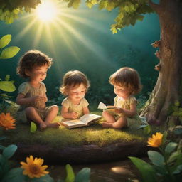 A vivid scene from 'BrightBabyTales' under the glowing sunshine. Paint an animated tableau of children immersed in storytelling, nature around them alive with lush details, and an open picture book adding an enchanting allure.