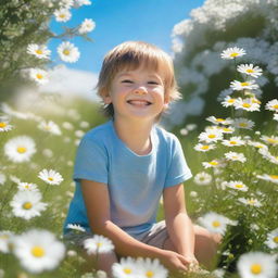 A realistic image of a young boy in a garden full of daisies