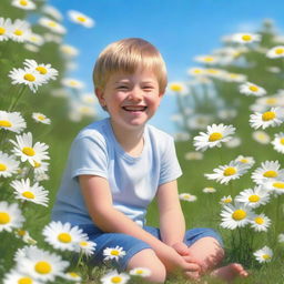 A realistic image of a young boy in a garden full of daisies