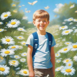 A realistic image of a young boy in a garden full of daisies