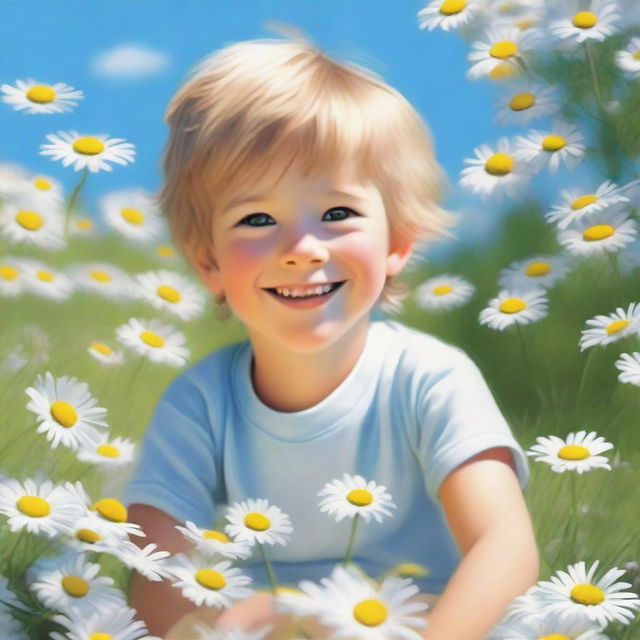 A realistic image of a young boy in a garden full of daisies