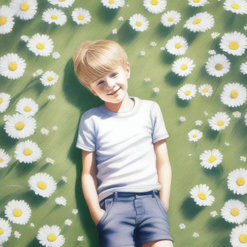 A drawing of a young boy in a garden full of daisies viewed from above