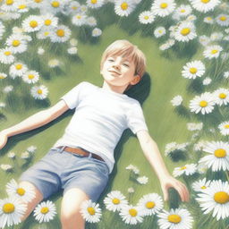 A drawing of a young boy in a garden full of daisies viewed from above